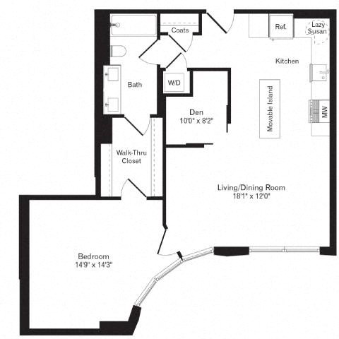 Floor plan for 1 bed, 1 bath, 858 sqft