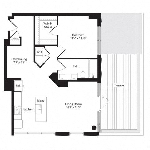 Floor plan for 1 bed, 1 bath, 864 sqft