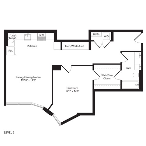 Floor plan for 1 bed, 1 bath, 872 sqft