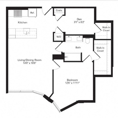 Floor plan for 1 bed, 1 bath, 881 sqft