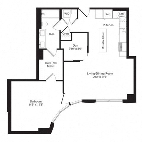 Floor plan for 1 bed, 1 bath, 882 sqft