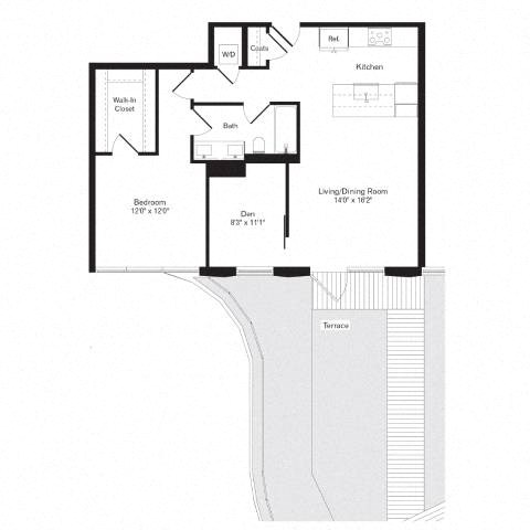 Floor plan for 1 bed, 1 bath, 884 sqft