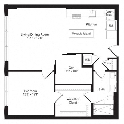 Floor plan for 1 bed, 1 bath, 895 sqft
