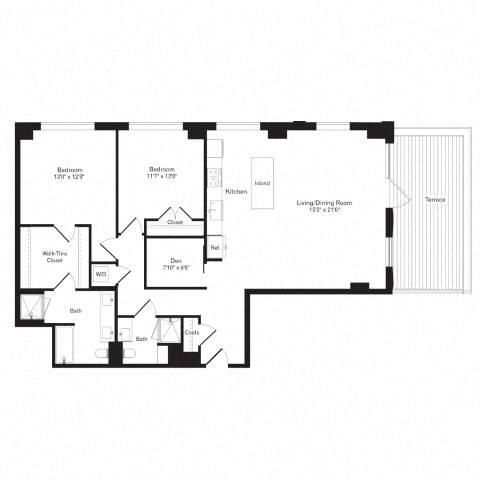 Floor plan for 2 beds, 2 baths, 1405 sqft
