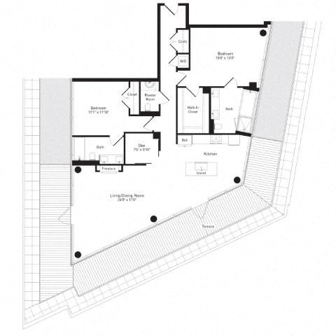 Floor plan for 2 beds, 2.5 baths, 1415 sqft