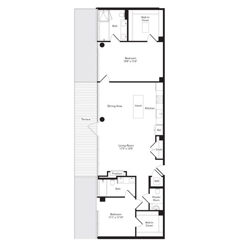 Floor plan for 2 beds, 2.5 baths, 1406 sqft