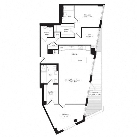 Floor plan for 2 beds, 2.5 baths, 1495 sqft
