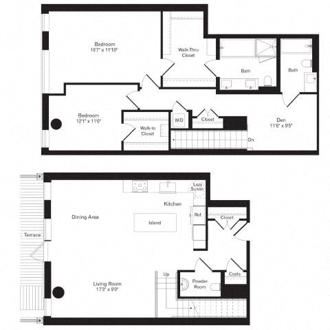 Floor plan for 2 beds, 2.5 baths, 1774 sqft