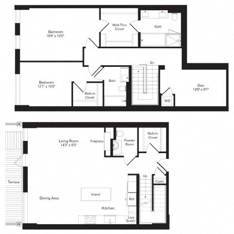 Floor plan for 2 beds, 2.5 baths, 1806 sqft