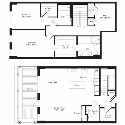 Floor plan for 2 beds, 2.5 baths, 1820 sqft