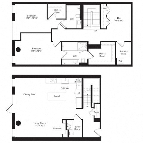 Floor plan for 2 beds, 2.5 baths, 1885 sqft