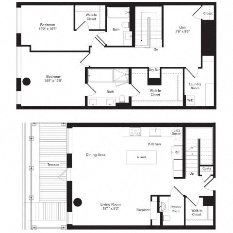 Floor plan for 2 beds, 2.5 baths, 1885 sqft