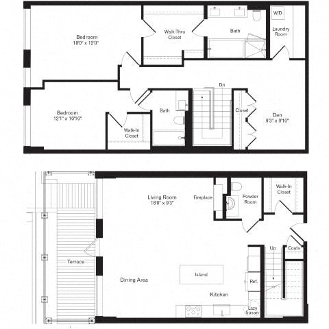 Floor plan for 2 beds, 2.5 baths, 1885 sqft