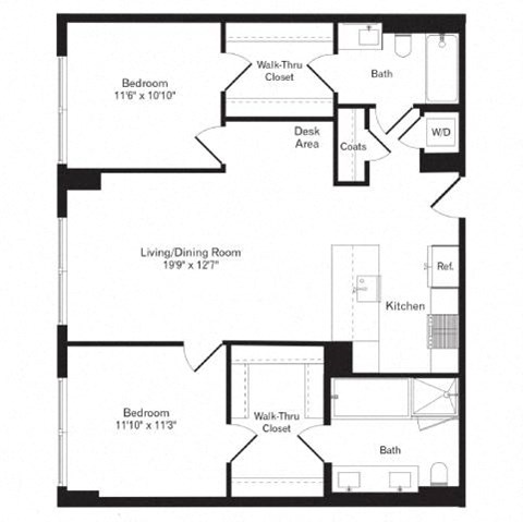 Floor plan for 2 beds, 2 baths, 1073 sqft