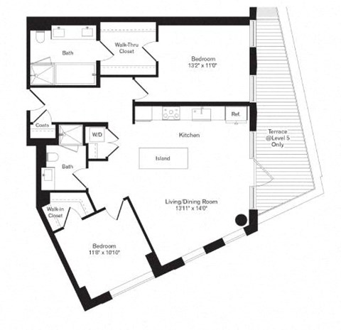 Floor plan for 2 beds, 2 baths, 1105 sqft