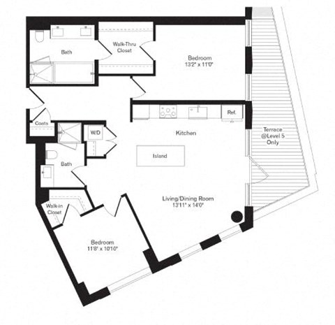 Floor plan for 2 beds, 2 baths, 1105 sqft