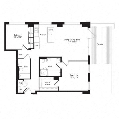 Floor plan for 2 beds, 2 baths, 1129 sqft