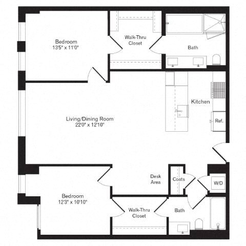 Floor plan for 2 beds, 2 baths, 1148 sqft