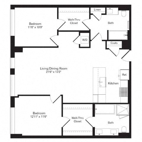 Floor plan for 2 beds, 2 baths, 1159 sqft
