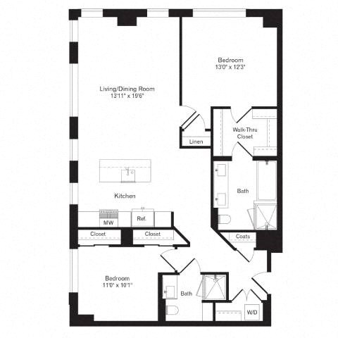Floor plan for 2 beds, 2 baths, 1169 sqft