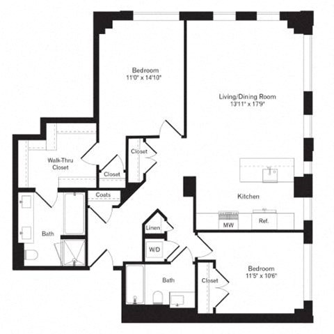 Floor plan for 2 beds, 2 baths, 1228 sqft