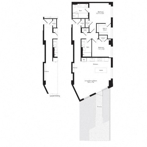 Floor plan for 2 beds, 2 baths, 1291 sqft