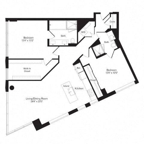 Floor plan for 2 beds, 2 baths, 1305 sqft