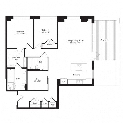 Floor plan for 2 beds, 2 baths, 1354 sqft