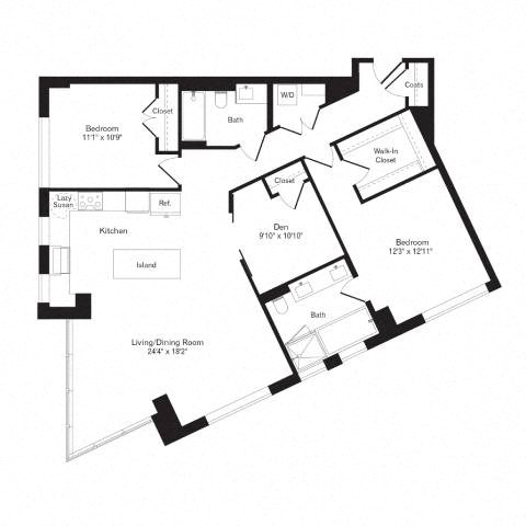 Floor plan for 2 beds, 2 baths, 1368 sqft
