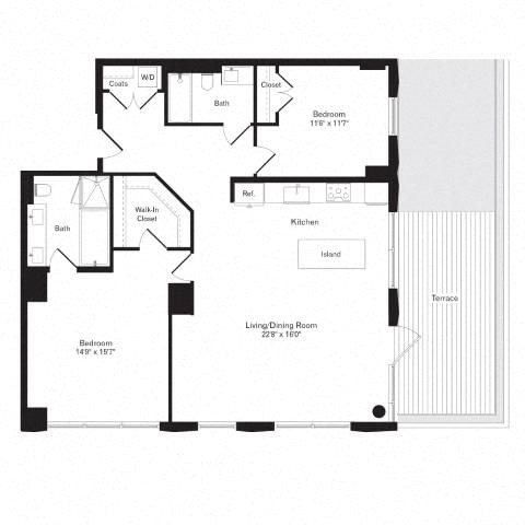 Floor plan for 2 beds, 2 baths, 1375 sqft