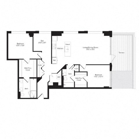 Floor plan for 2 beds, 2 baths, 1382 sqft