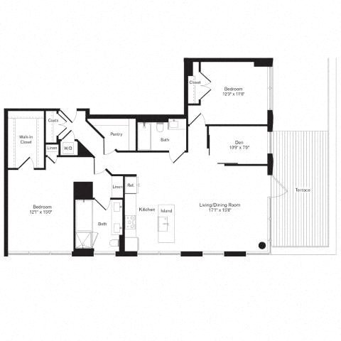 Floor plan for 2 beds, 2 baths, 1396 sqft