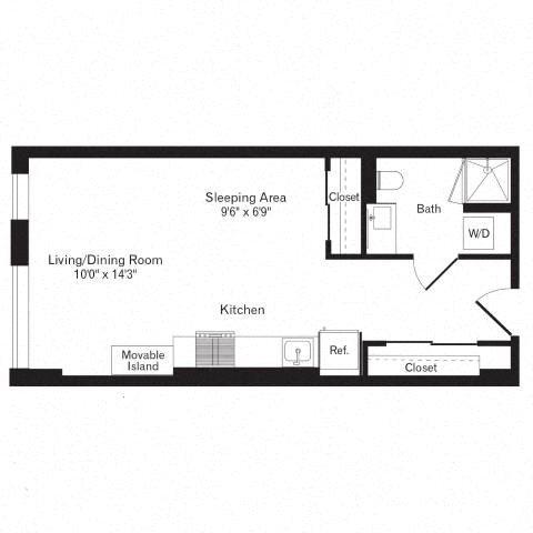 Floor plan for studio, 1 bath, 480 sqft