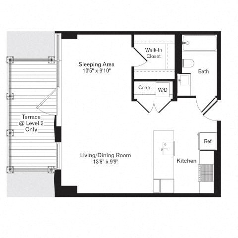Floor plan for studio, 1 bath, 572 sqft