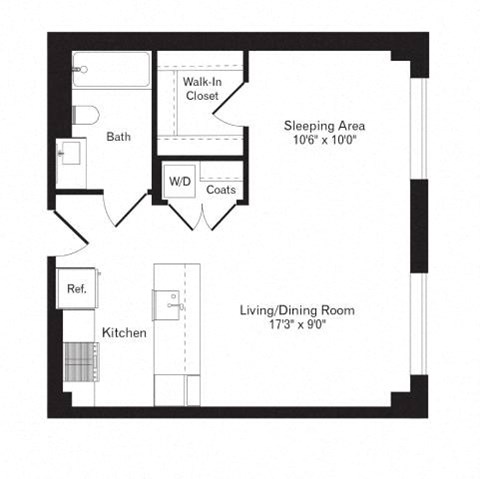 Floor plan for studio, 1 bath, 572 sqft