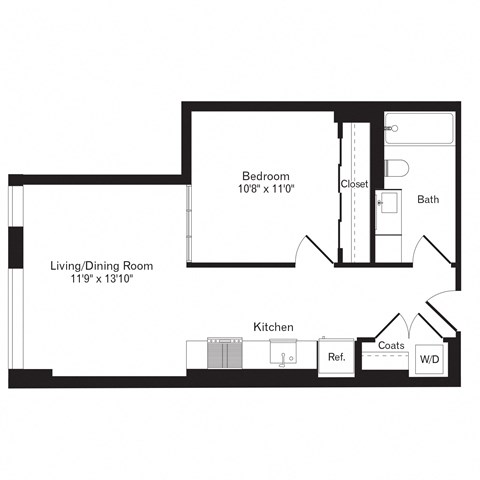 Floor plan for 1 bed, 1 bath, 577 sqft