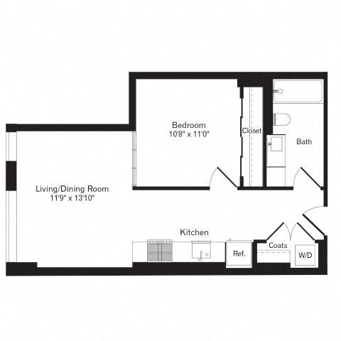 Floor plan for 1 bed, 1 bath, 577 sqft