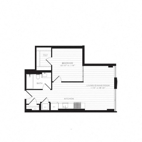 Floor plan for 1 bed, 1 bath, 649 sqft