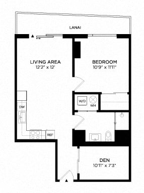 Floor plan for 1 bed, 1 bath, 745 sqft