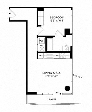 Floor plan for 1 bed, 1 bath, 590 sqft