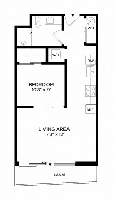 Floor plan for 1 bed, 1 bath, 592 sqft