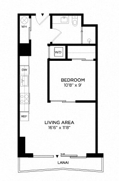 Floor plan for 1 bed, 1 bath, 596 sqft