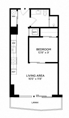 Floor plan for 1 bed, 1 bath, 596 sqft