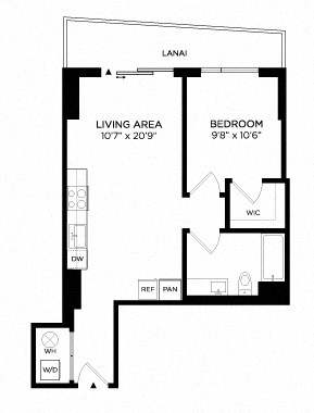 Floor plan for 1 bed, 1 bath, 600 sqft