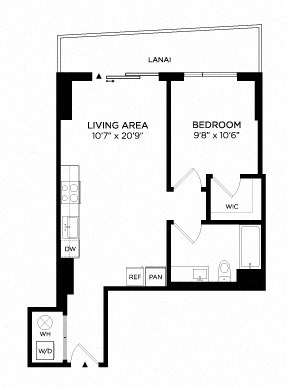 Floor plan for 1 bed, 1 bath, 600 sqft