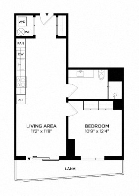 Floor plan for 1 bed, 1 bath, 637 sqft