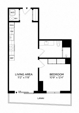 Floor plan for 1 bed, 1 bath, 637 sqft