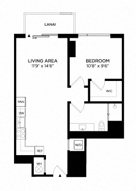 Floor plan for 1 bed, 1 bath, 694 sqft