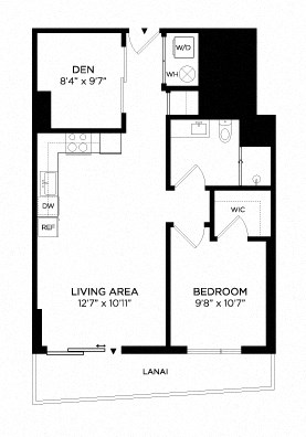 Floor plan for 1 bed, 1 bath, 726 sqft