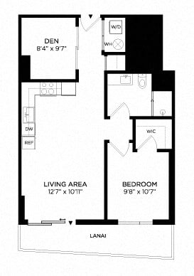 Floor plan for 1 bed, 1 bath, 726 sqft